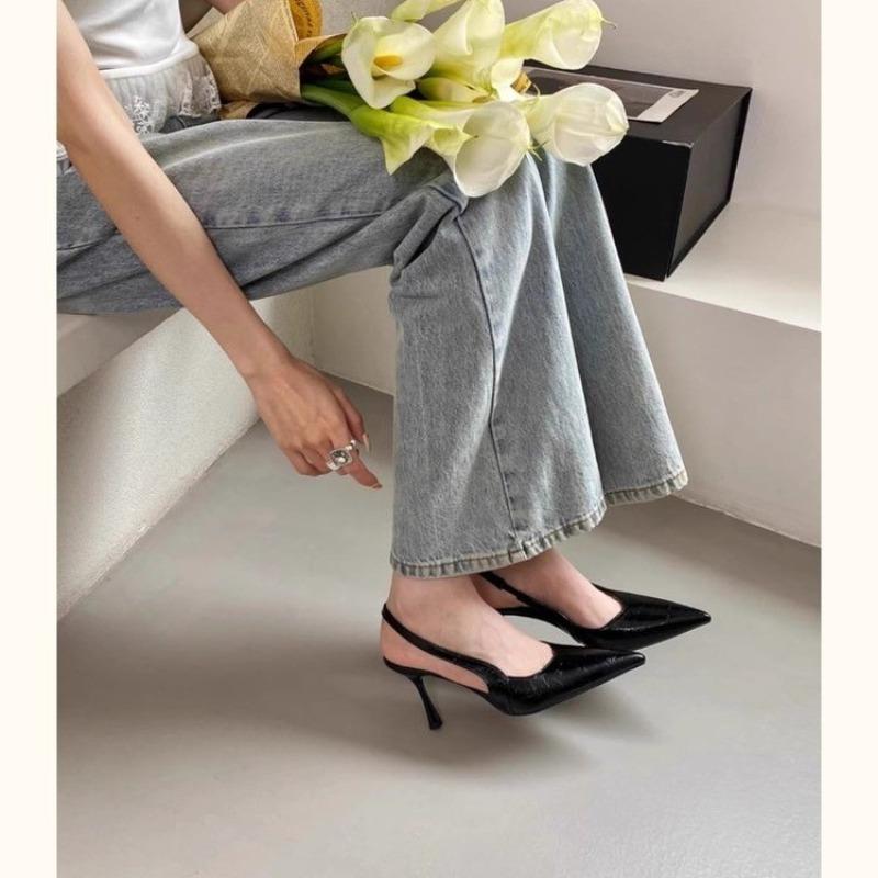 Fashion New Style Elegant High Heels Silver Pumps Women Summer Slingbacks Pointed Toe Party Shoes Woman Solid Thin Heeled Sandals Ladies