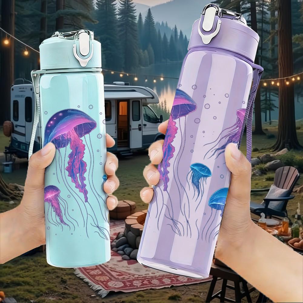 1PC Group Jellyfish Ocean Print 750ml Color Plastic Sports Water Bottle Leakproof Flip Straw Lid Suitable for Sports Office Home Use