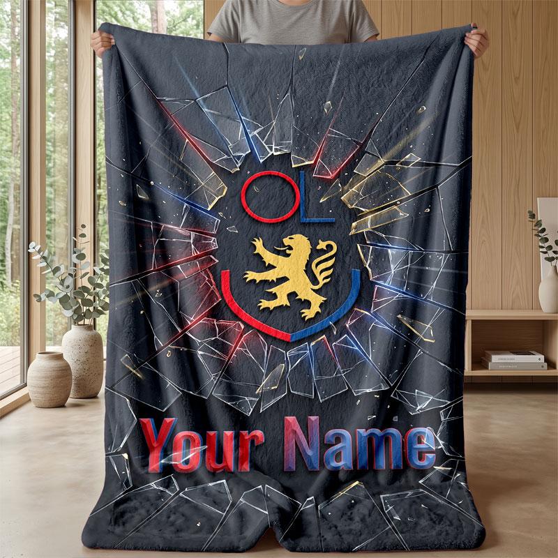 Lyon FC Custom Name Text Flannel Blanket Soccer Logo Personalized Fleece Throw Blanket Special Gift For Sofa Bedroom Home