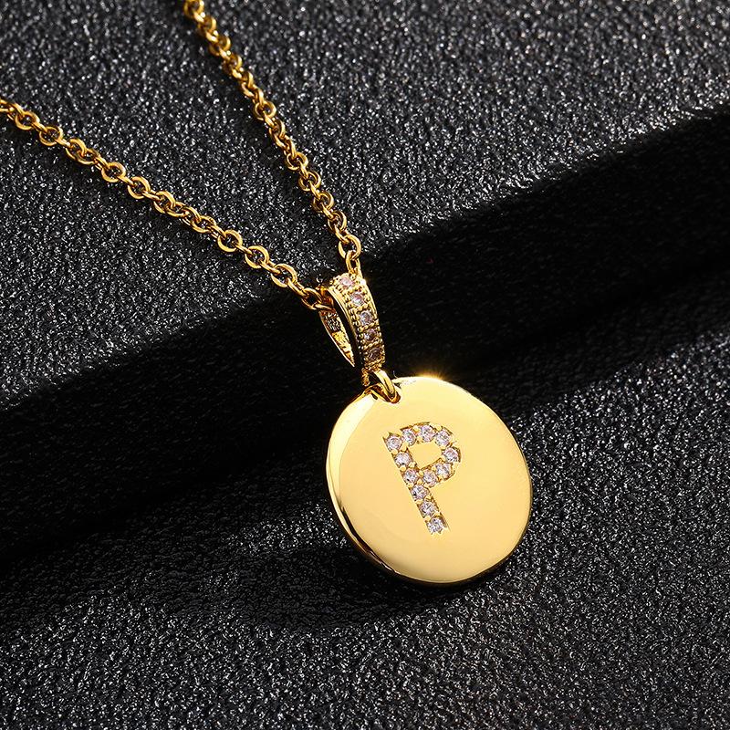 Letter Necklace Fashion 26 One Letter Copper Inlaid Cubic Zircon Vacuum Plating Stainless Steel Chain Necklace