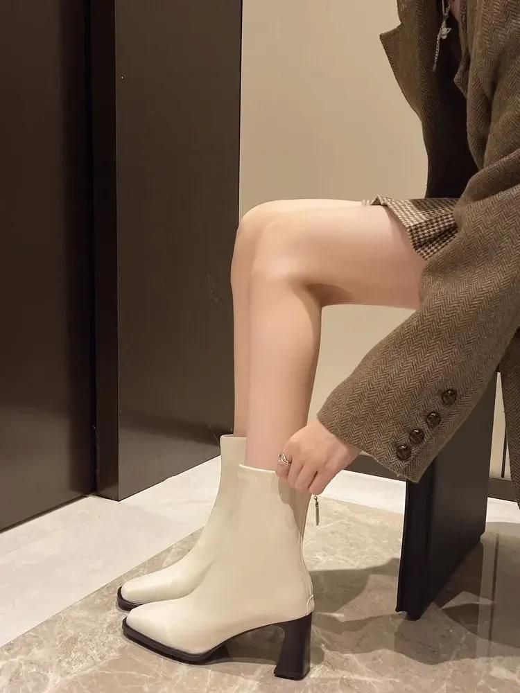 Women Ankle Boots Real Leather Thick High Heel Shoes Fall Winter 2026 Casual Office Lady Dress Short Booties Plus Size