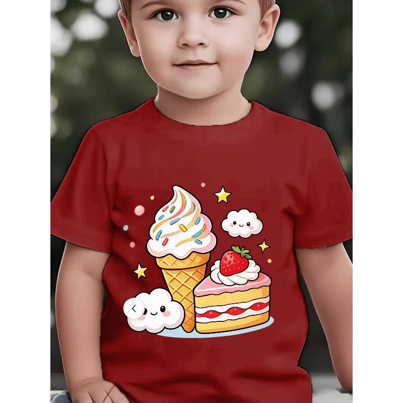 Boys Crew Neck Short Sleeve T-Shirt with Cartoon Ice Cream, Cake and Cloud Print