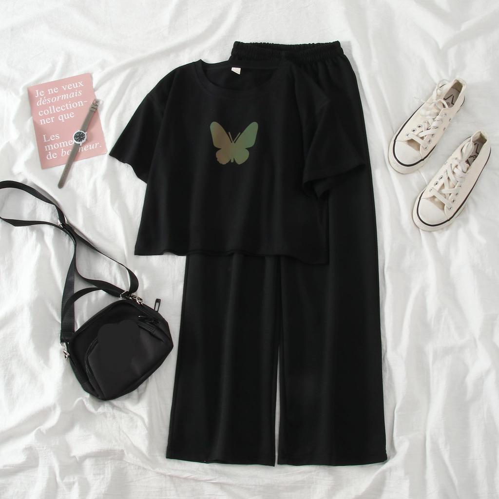 

Женские комплекты с принтом, простые широкие брюки с эластичной резинкой на талии, свободный модный костюм для отдыха милой девушки XXL чёрный