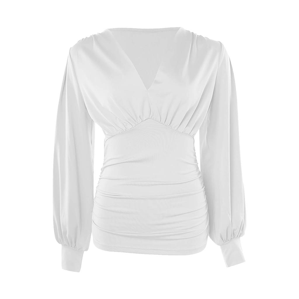 Long Sleeve For Women Fashion V Neck Retro Print Waist Wrapped Top T-shirt