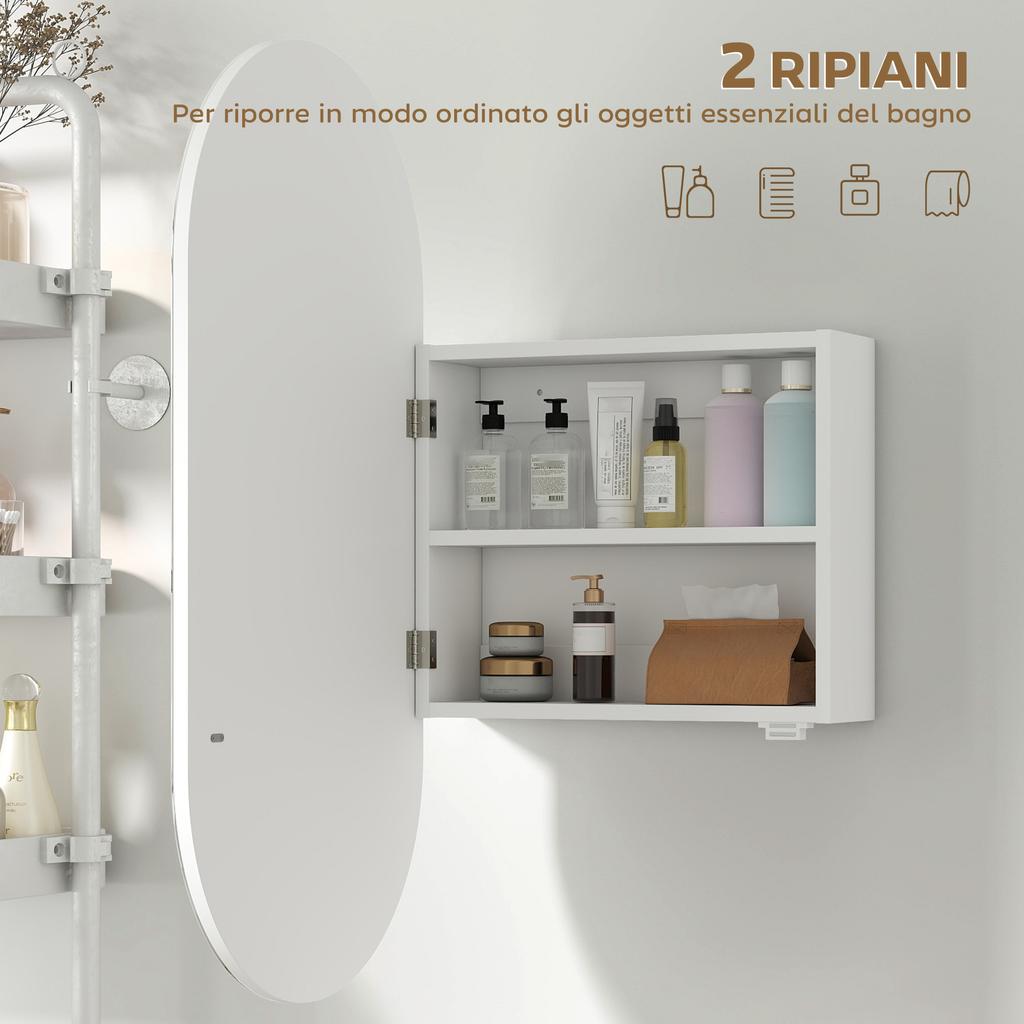 Oval Bathroom Mirror with Cabinet, Modern Wall-Mounted Bathroom Storage Mirror with Two Shelves for Storage, 45x90 cm, White