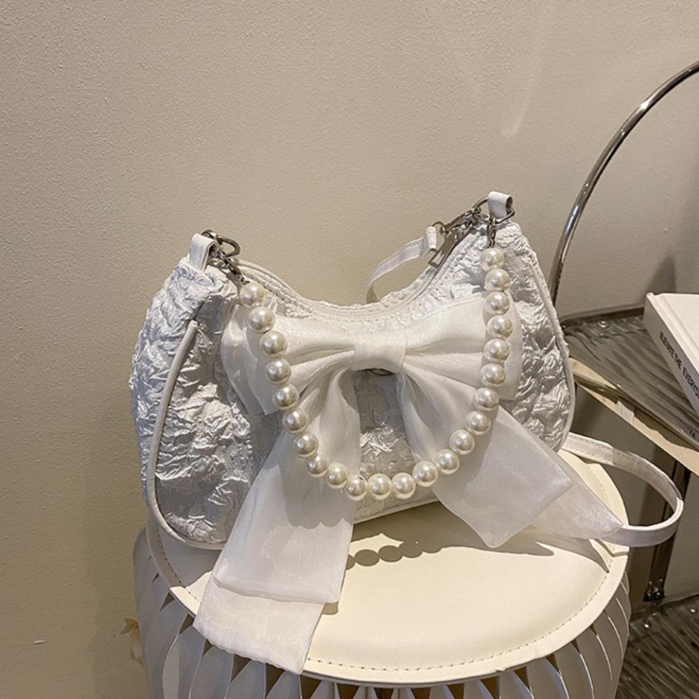 Pearl Bow Shoulder Bag Canvas Small Square Bag Luxury Bow Underarm Bag  Girls