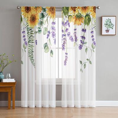 Frühlings Eukalyptus Sonnenblume Tüll Vorhänge für Wohnzimmer Schlafzimmer Voile Transparenter Vorhang Fenster Heimdeko Vorhänge