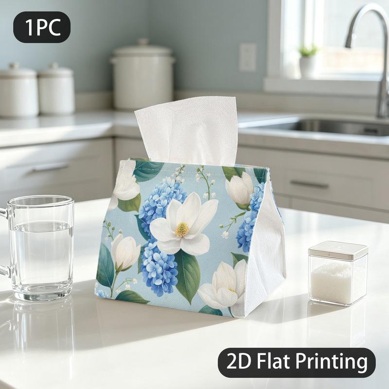 1pc Tissue Box, Floral Style Magnolia Hydrangea Fresh Elegant Pattern, 2D Flat Printing, Polyester Fabric, Strong And Firm, Tissue Holder, for Bedroom