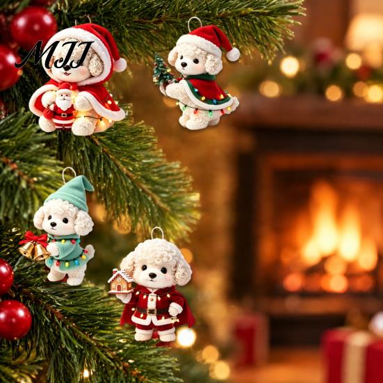 Holiday Animal Hanging Ornaments Christmas Dog Wooden Ornament, 2D Cartoon Puppy Kitten Decor with String, Tree Party Decoration Handmade Style