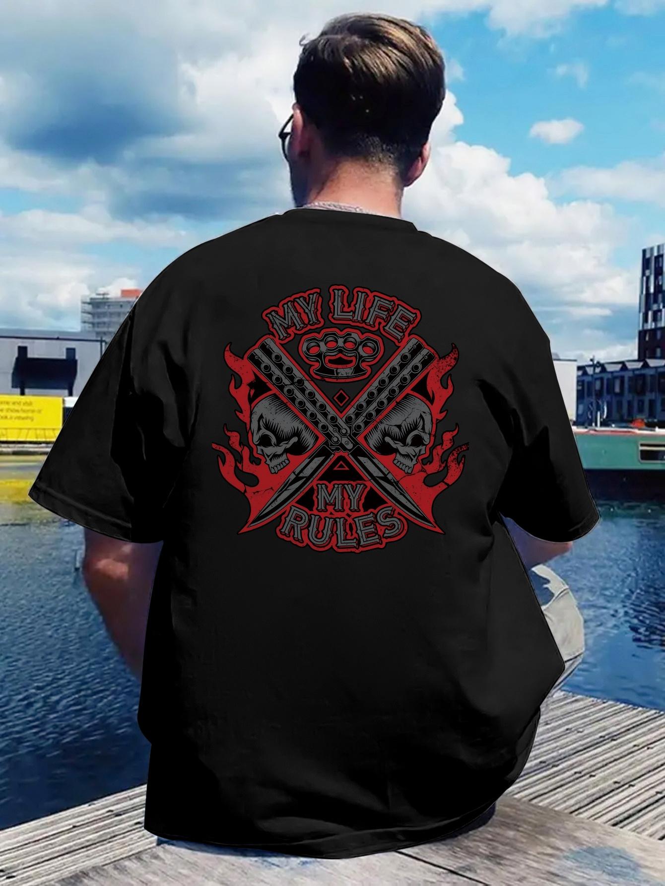 Retro Rock Band Graphic T-shirt - My Life is My Rules Skull & Crossbones Design M