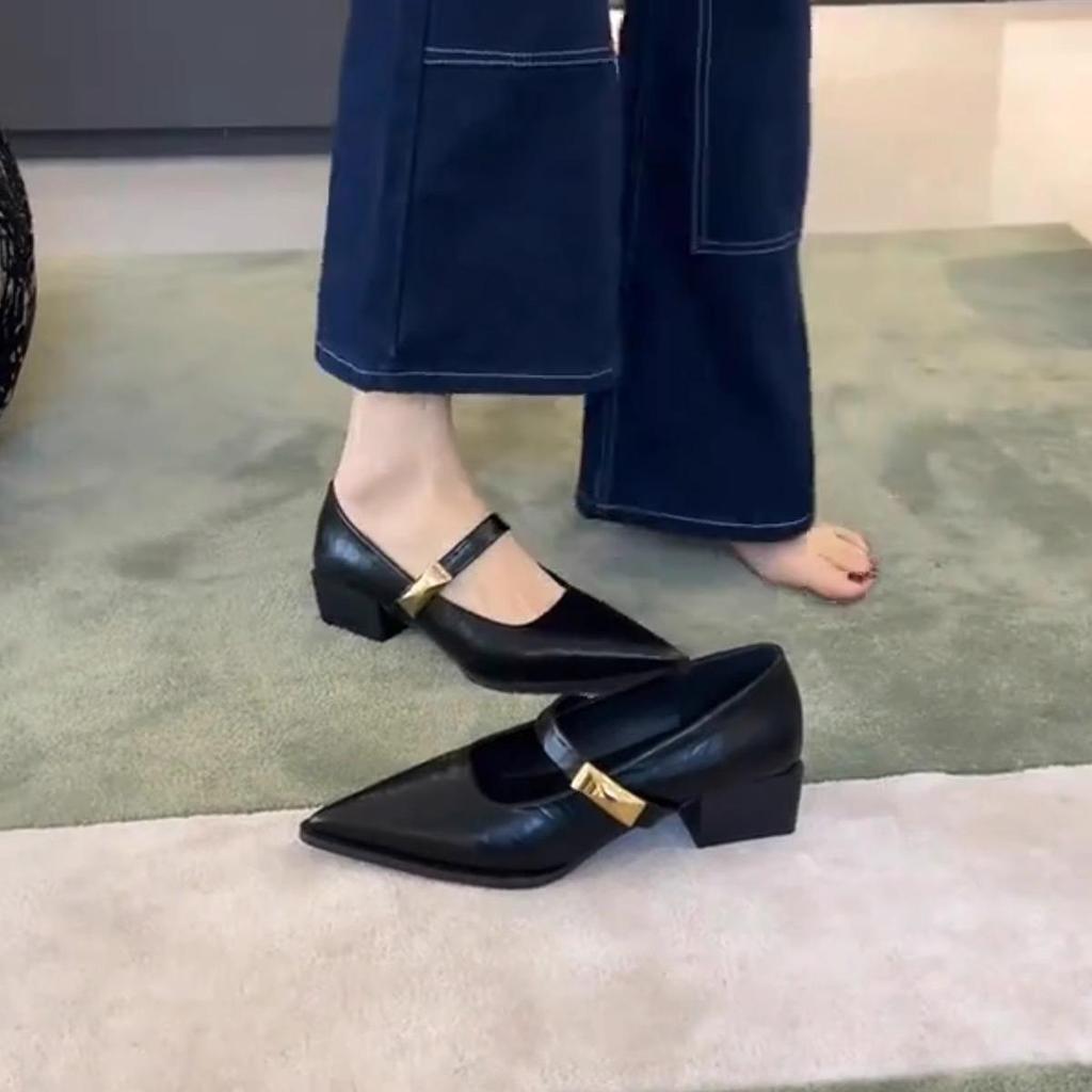 Sheepskin version~ One-pedal pointed Mary Jane shoes thick heel light mouth one word with French commuter light mouth temperament single shoes