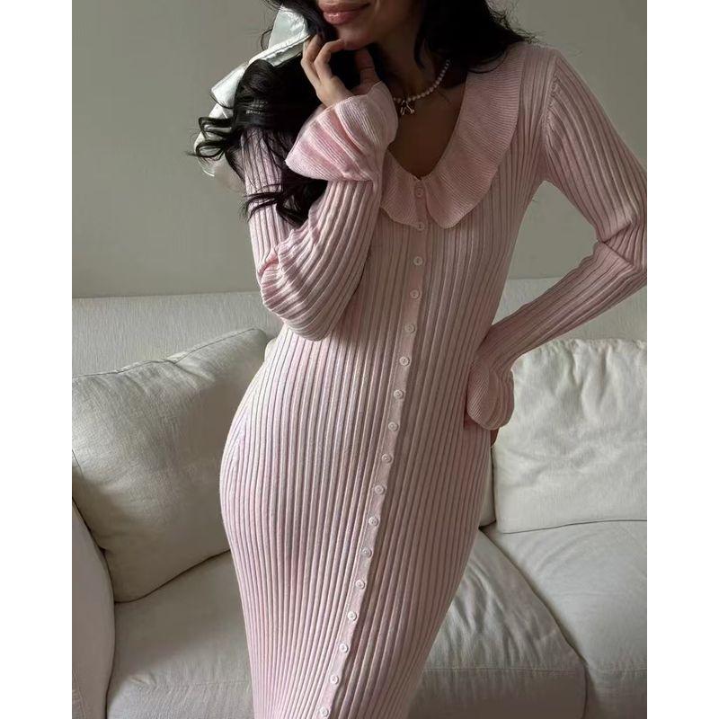 

European and American New Frill Slim fit Knitted dress Lotus Leaf Single Brewed Dress Pink L