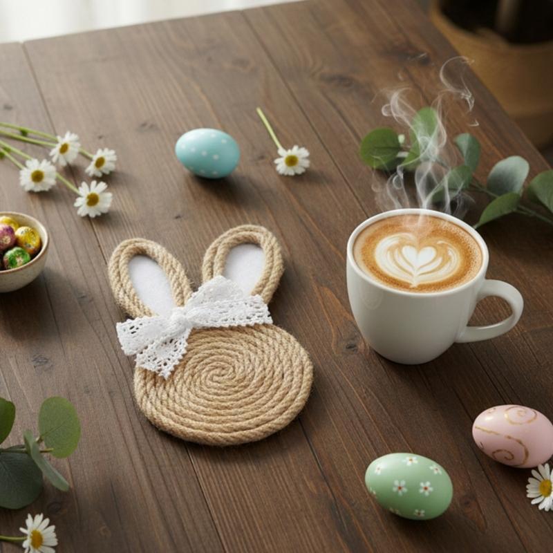 Unique Easter Themed Coasters Woven Rope Nonwoven Fabric Rabbit Shape Drink Mats Gift For Housewarmings Or Parties
