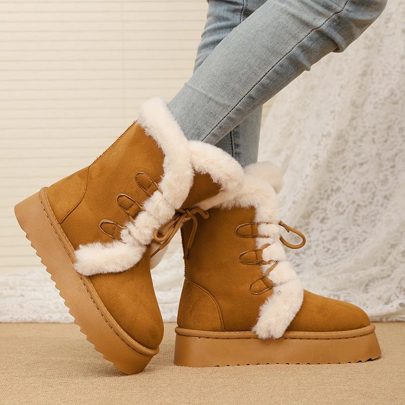 Women's Winter Warm Fur Snow Boots Lace Up Fluffy Plush Platform Ankle Boots for Women Thick Bottom Non Slip Cotton Padded Shoes