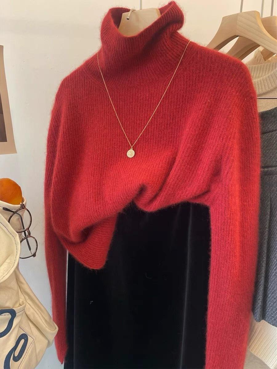 

Женский свитер из шерсти и кашемира с высоким воротником 2025 - Осень/Зима, свободный крой, рукава с разрезами S