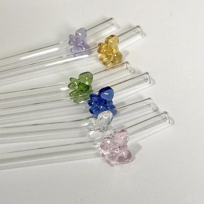 1pc 8mm Glass Straw, Reusable Drinking Straws Cute Butterfly Heat-Resistant Straw for Festival Party Wedding Cocktail Bar Beachs