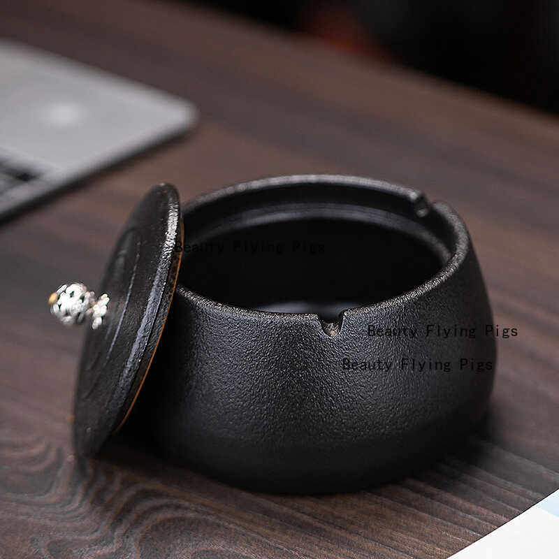 Ceramic Anti Fly Ash Ashtray, Ashtray with Lid Office Ashtray, Chinese Style Ashtrays, Home Decoration, Household Merchandises