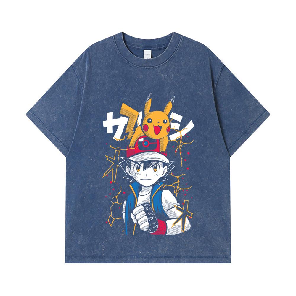 

275 GSM Washed T-shirts 100% Cotton Pokemon V2 Ash Print Unisex Heavy Cotton T Shirt 2XL королівський синій колір