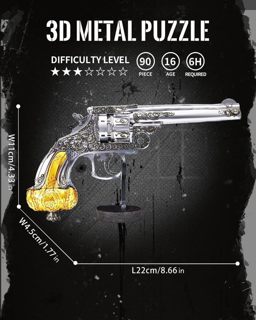 Piececool 3D Metal Assembly No Glue Puzzle, Revolver, Required, Required, 3-Star Difficulty, Intermediate/Adult