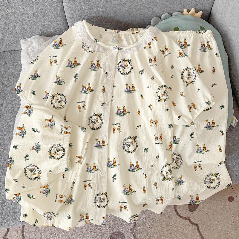 Mori Bunny Cloud Cotton Round Neck Lace Premium Pajamas Women S Summer Short-Sleeved Three-Piece Set M