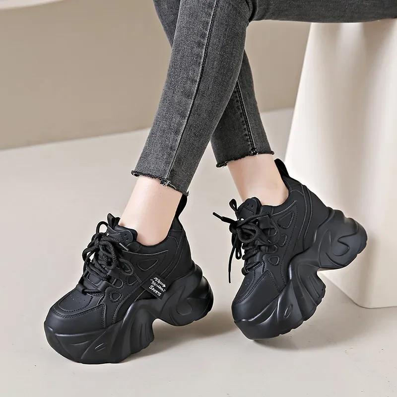 Fashion New Spring Autumn Non-slip Chunky Sneakers Women Lace-up High Platform Leather Sports Dad Shoes 7CM Heels Casual Shoes Woman
