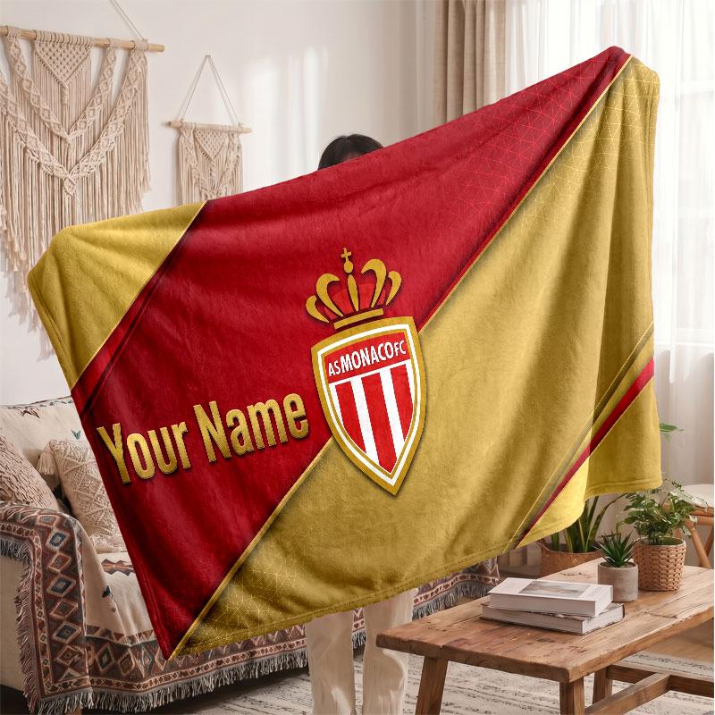 Monaco FC Personalized Fleece Blanket With Football Logo, Custom Name Text Soft Warm Home Throw Blanket