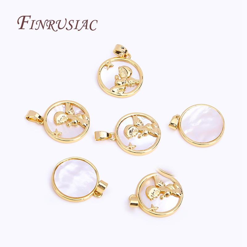 18K Real Gold Plated Natural Shell Round Charms DIY Handmade Jewelry,Angel Praying Suspension Pendant For Necklace Making