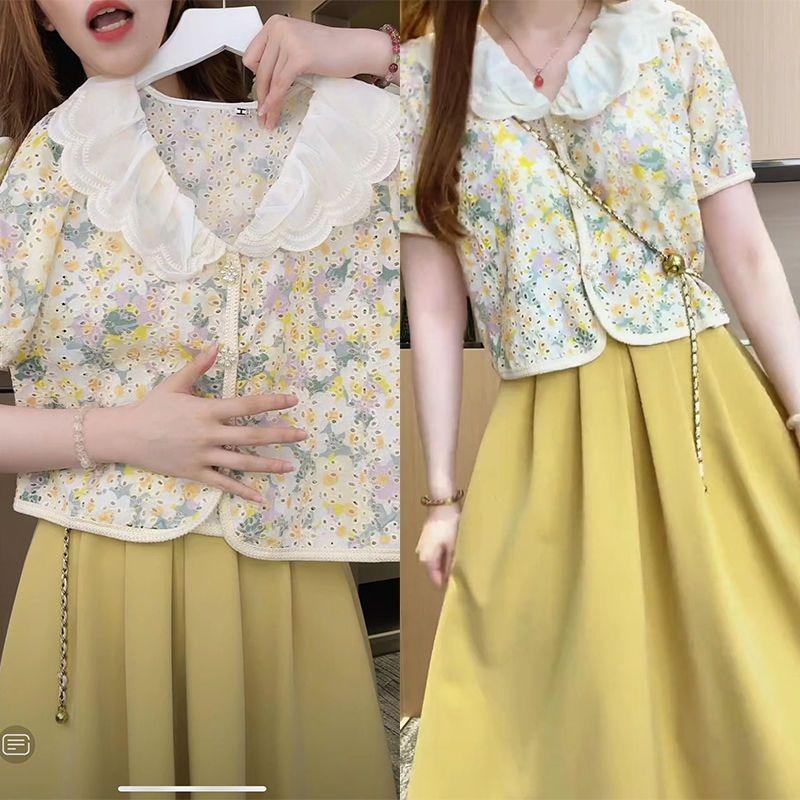 Completo Top Floreale Ricamato e Gonna Pieghettata Modello Lungo Outfit Fresco e Dolce con Gonna Pieghettata