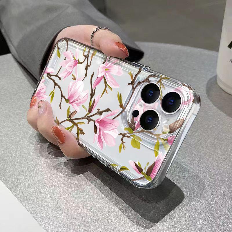 Pink Magnolia Branch Pattern Phone Case for iPhone 17 16 15 14 13 12 11 16E Series Pro Max Plus Double Layer Protection
