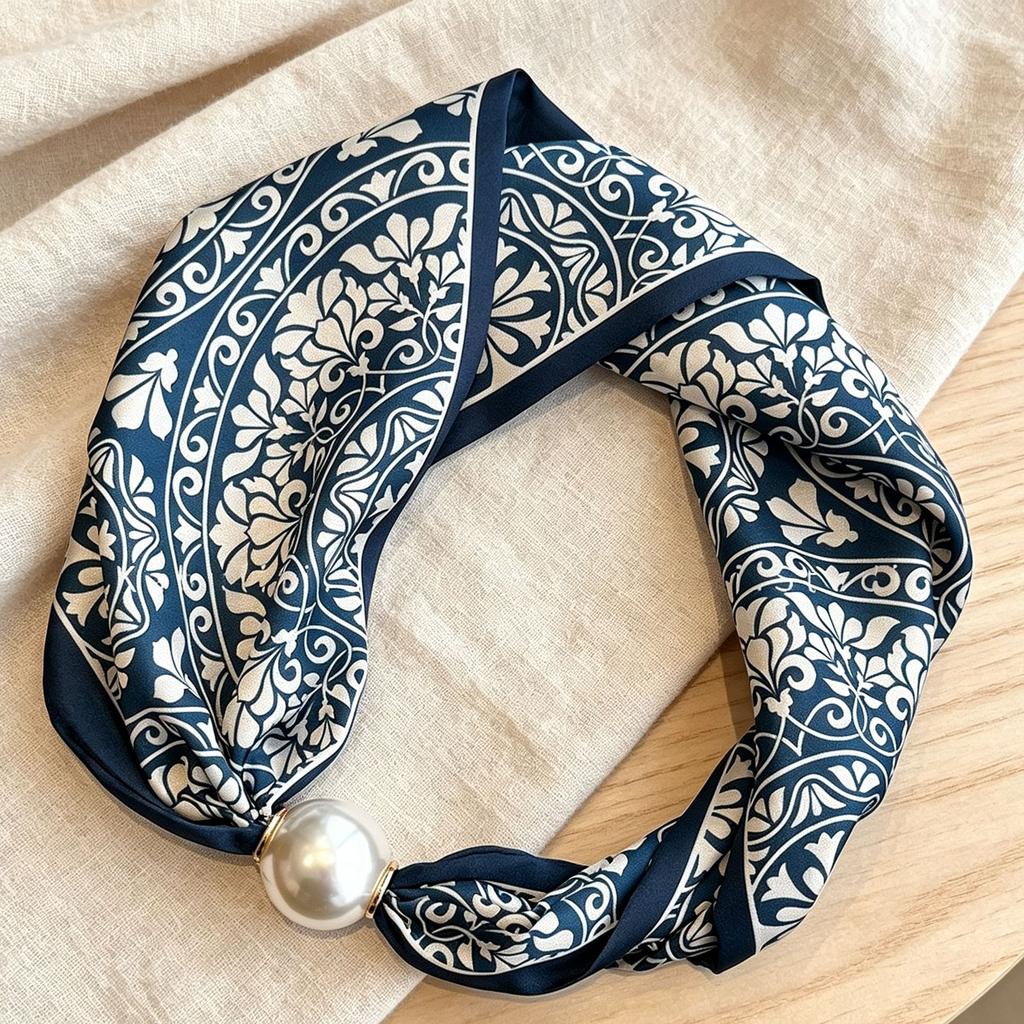 Premium magnetic buckle pearl silk scarf necklace retro flower small scarf Internet celebrities free small scarf