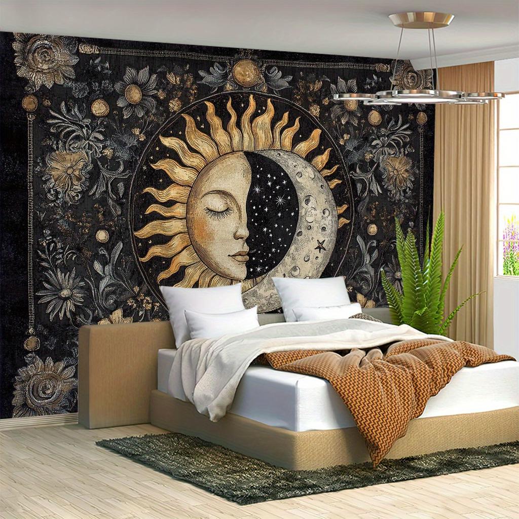 1pc Celestial Sun & Moon Tapestry - Dual Design w/Stars & Floral, Wrinkle-Resistant Wall Hanging for Living Room/Bedroom