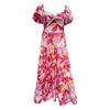 Women Evening Dress Bubble Sleeves Low-cut Off Shoulder Colorful Print A-line Big Hem Patchwork Hollow Out Pleated Vacation Beac