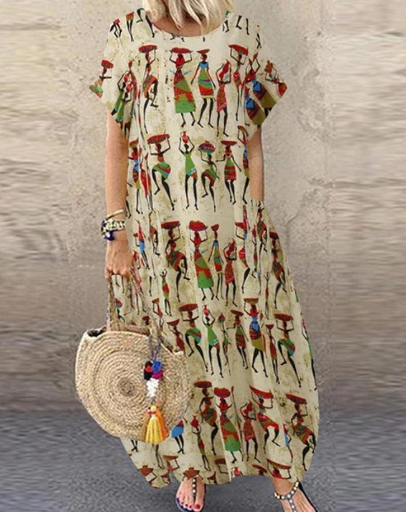 Plus Size Summer Loose Long Sleeve Round Neck Floral Print Casual Women's Holiday Beach Dress Vintage Style Maxi Dress