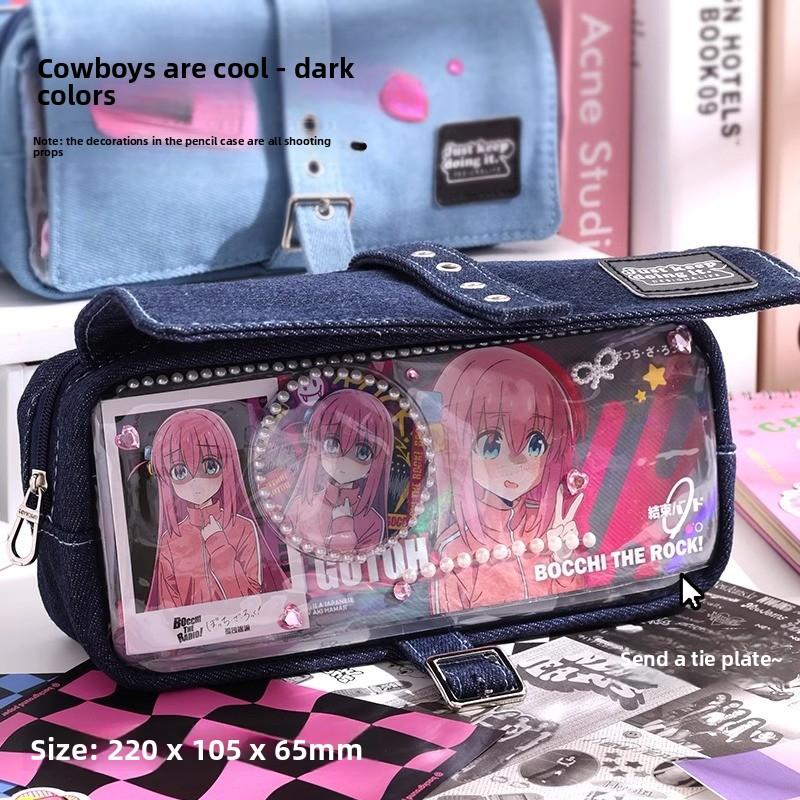 

2026 Blue Fruit Club Pain Bag Denim Pain Pencil Case High School Simple Hidden Pain Layer Buckle Fabric Transparent Pencil Case синій