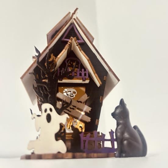3D Wooden Puzzle Kit DIY Wooden Puzzle Haunted House Model Light-up Halloween