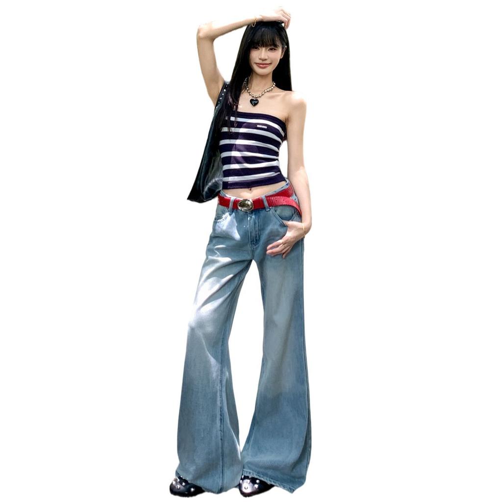 American retro jeans women's summer and autumn new washing water old low waist loose wide leg jeans women