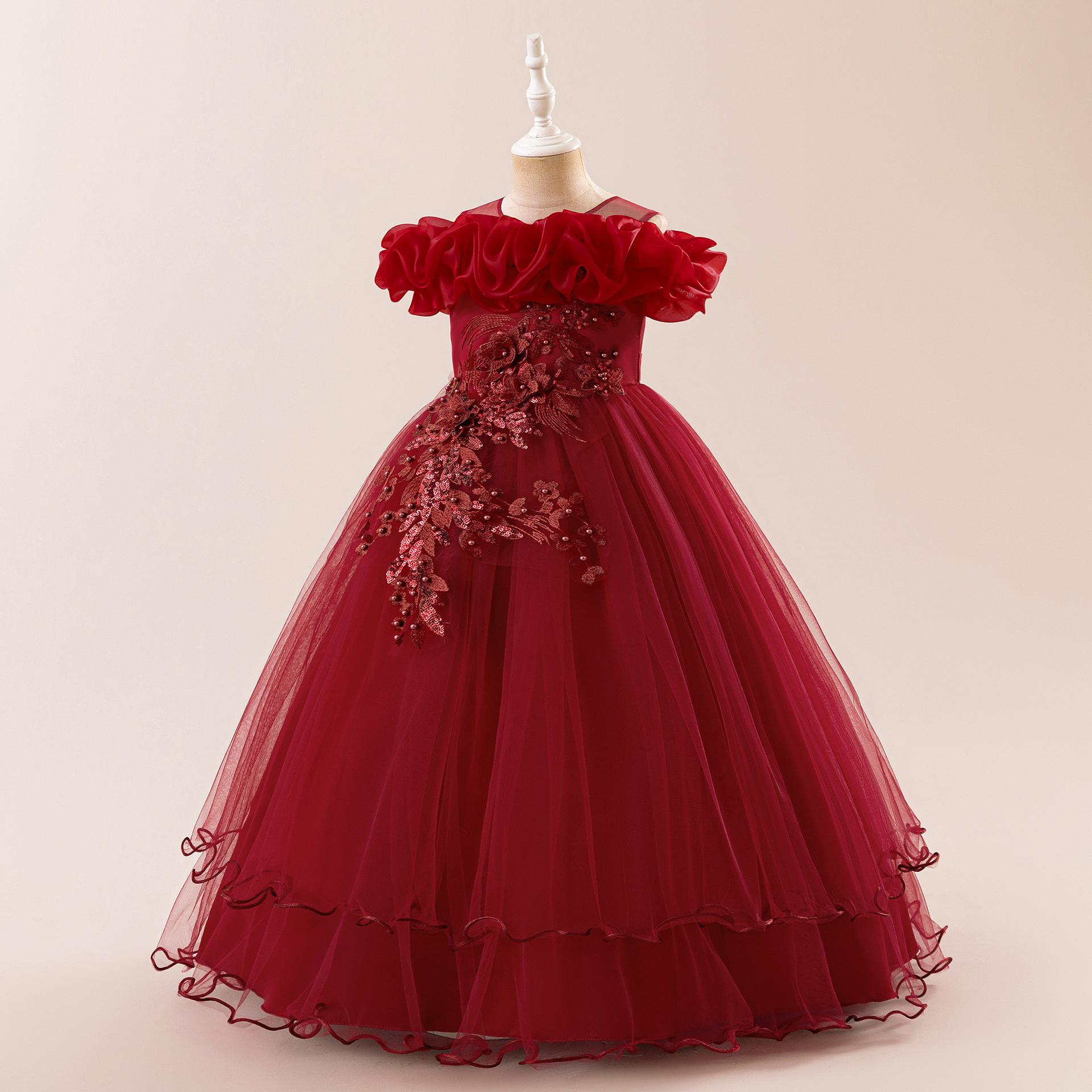 

2025 летнее платье для девочек, вышитое платье принцессы для подружек невесты, детские платья для девочек, детское свадебное платье для вечеринки 10 12 14 лет 140 красный