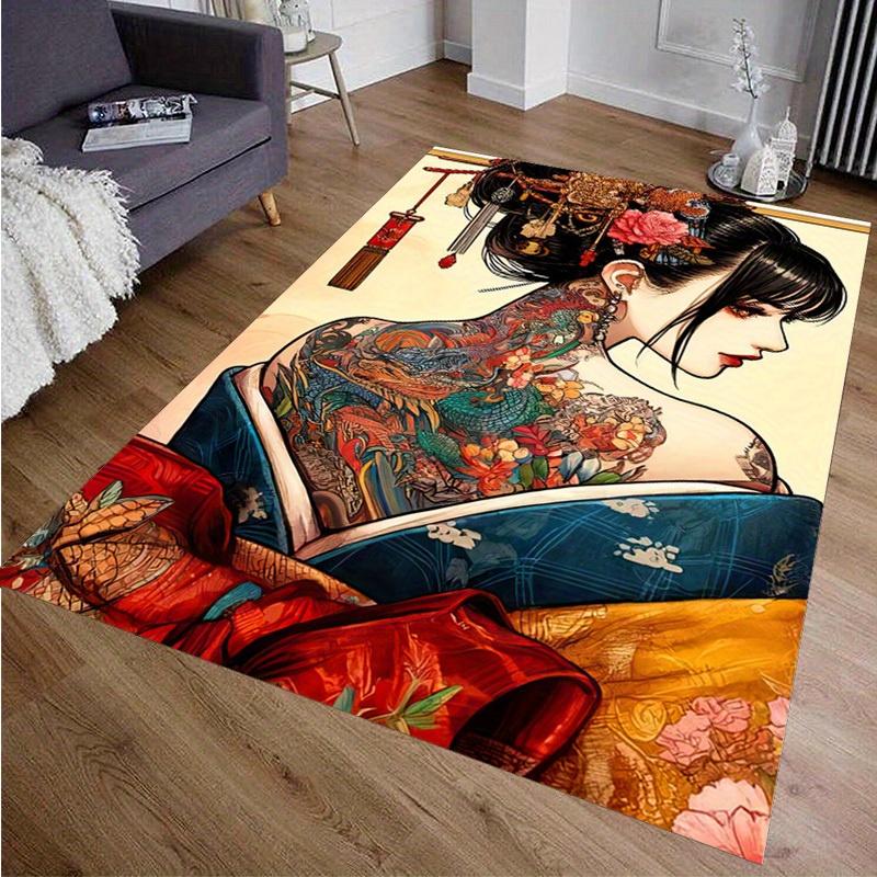 [Vibrant Geisha Art Rug] Polyester Vibrant Geisha Art Rug | Traditional Japanese Kimono Design with Floral Tattoo Patterns | Rec