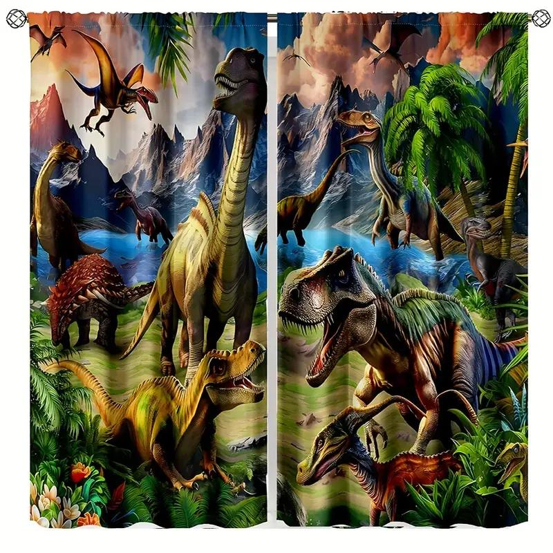 2pcs Vibrant Dinosaur Jungle Printed Curtains, Designed for Light Filtering, Quality Material, Ideal for Dinosaur Enthusiast Hom