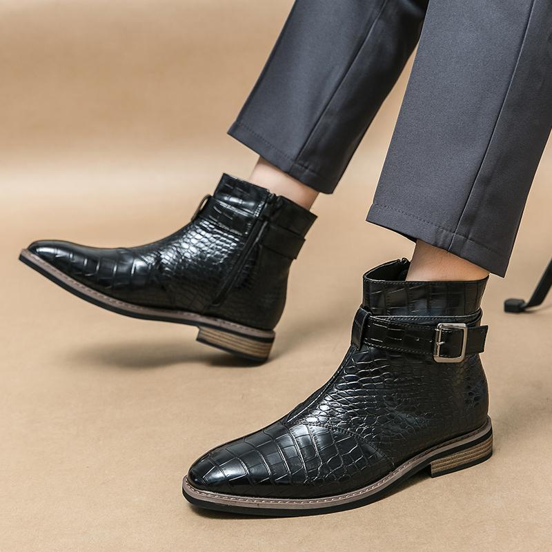 New Fashion Male Pointed Alligator Pattern Leather Brogues Ankle Boots Men Casual Luxury High Top Platform Shoes Zapatos Hombre