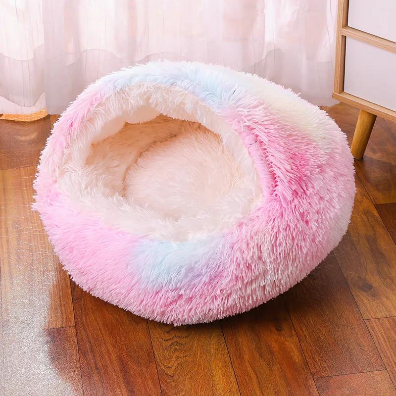 Cat Bed Round Plush Fluffy Hooded Cozy Cat Bed Cave for Indoor Donut Self Warming Small Dog Bed Anti-anxiety Puppy Kennel