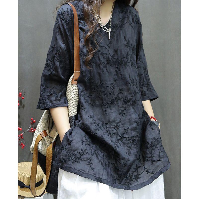 

Age-Reducing V Neck Cotton and Linen Heavy Industry Loose Mid-Length with Embroidery Black M
