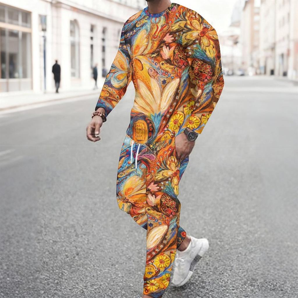 Men Black Cyan Brush Stroke Drip Gradient Print Long Sleeve Sweatshirt Jogger Pants Two Piece Suit