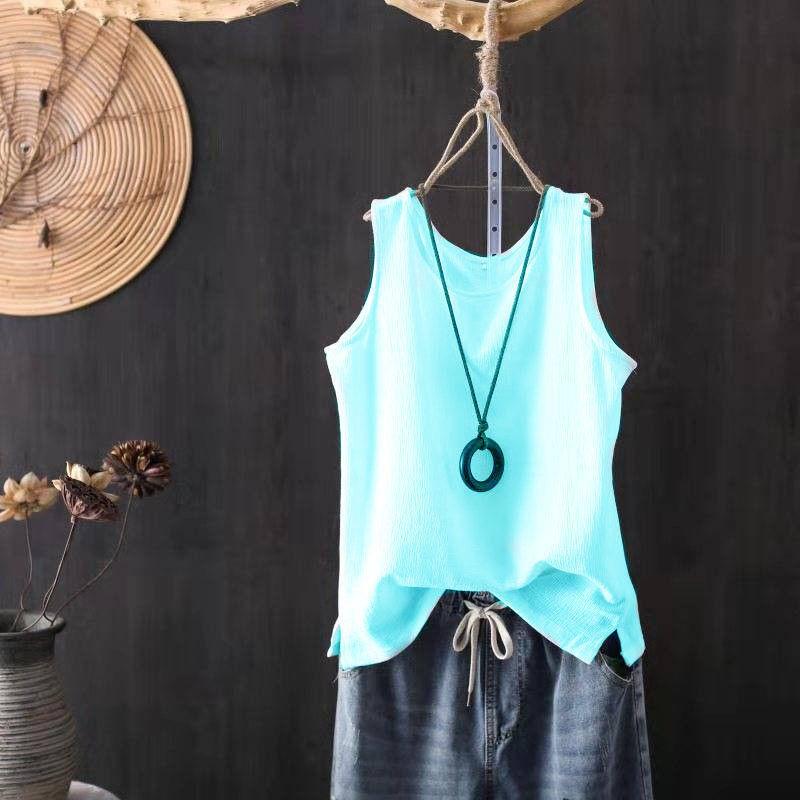 Spring/Summer Women's Knitted Tank Top Solid Color Artistic Retro Loose Cotton and Hemp Bottom Shirt Strap Top