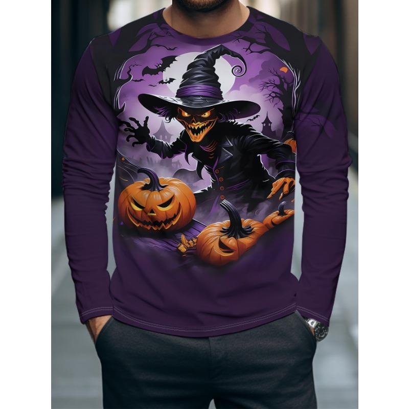 Men Long Sleeve T‑Shirt Halloween Scarecrow Witch Hat Pumpkin Bat Moon Print Crew Neck Horror Party Tops