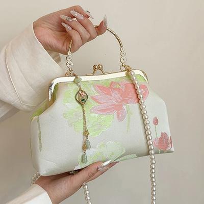 Women's Silk Tote Shoulder Bag with Chain Embroidered Chinese Cheongsam Daily Use Fashion