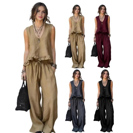 Summer Ruffle 2 Piece Sets for Women Sleeveless V Neck Tank Top And Wide Leg Pants Sets Casual Loose Loungewear Outfits