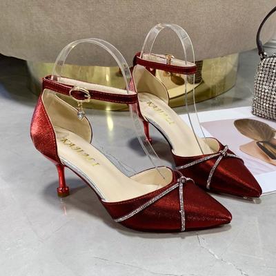 Fashion Red Satin Wedding Shoes Spring New Pointy-headed Rhinobason One-word Buckle Hollow Women's Single Shoes Stiletto Heels