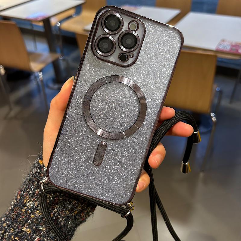 

Чехол-шнурок через плечо с полной защитой объектива для iPhone 15 16 16E 14 13 12 11 Pro Max Plus Magsafe Магнитная беспроводная зарядка For iPhone15 Pro Max чёрный
