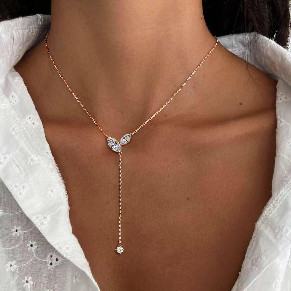 

4cttw Marquise Cut Full Moissanite Diamond Pendant Necklace for Women 100% S925 Silver 3-Stone Y-Style Long Tassel Neck Chain 3-1Carat Zircon рожевий колір золота